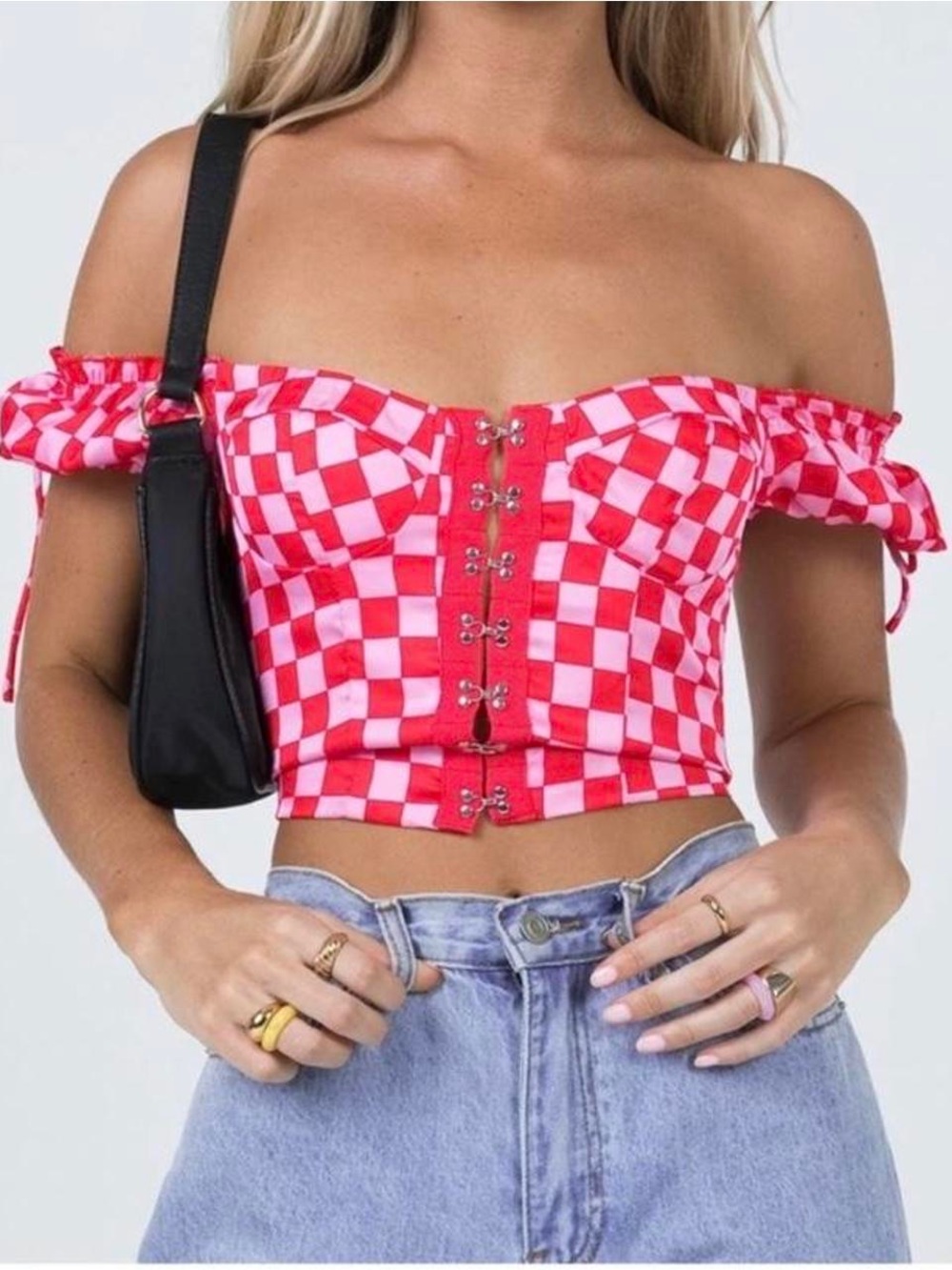 Princess Polly Off-Shoulder Red & Pink Checkered Crop Top